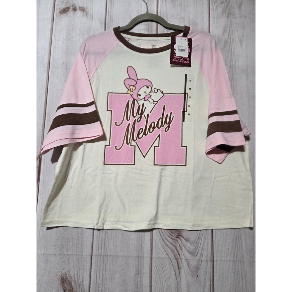 Sanrio My Melody Raglan T-Shirt Pink Brown Varsity Stripe Hello Kitty Friends M